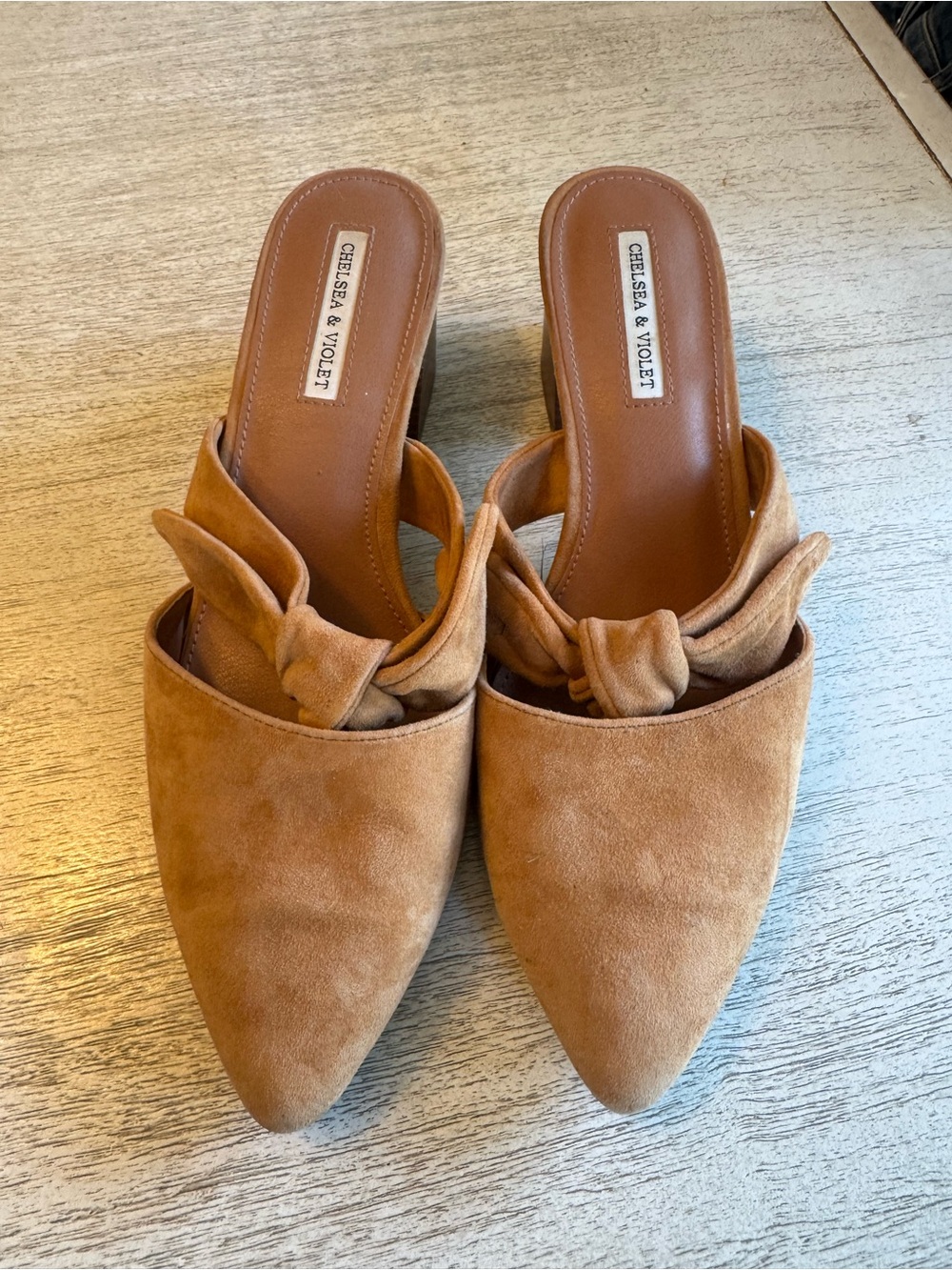 Chelsea & Violet Cognac Suede Knot Mules